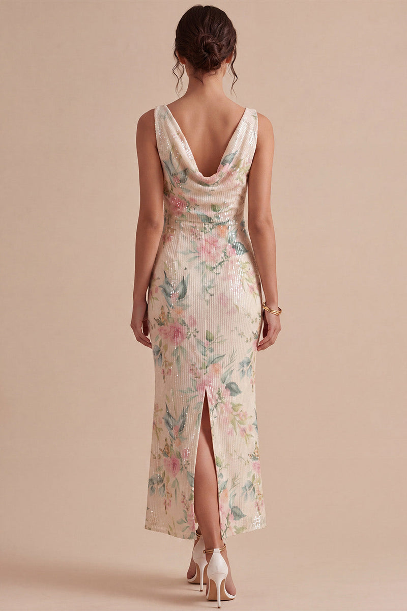 Load image into Gallery viewer, White Pink Flower Sequin Mermaid Long Wedding Guest Dress