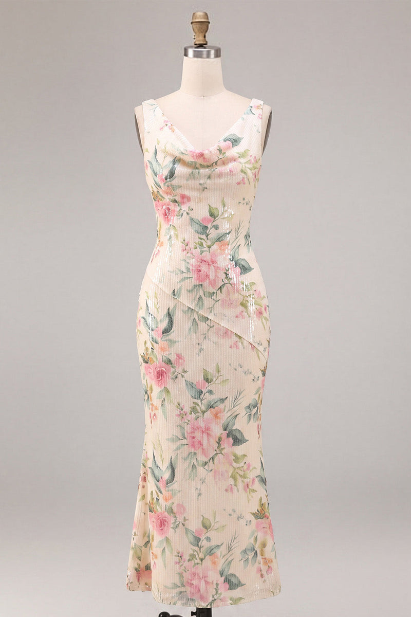Load image into Gallery viewer, White Pink Flower Sequin Mermaid Long Wedding Guest Dress