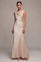 Load image into Gallery viewer, Simple Champagne Satin Cowl Neck Mermaid Long Wedding Guest Dress