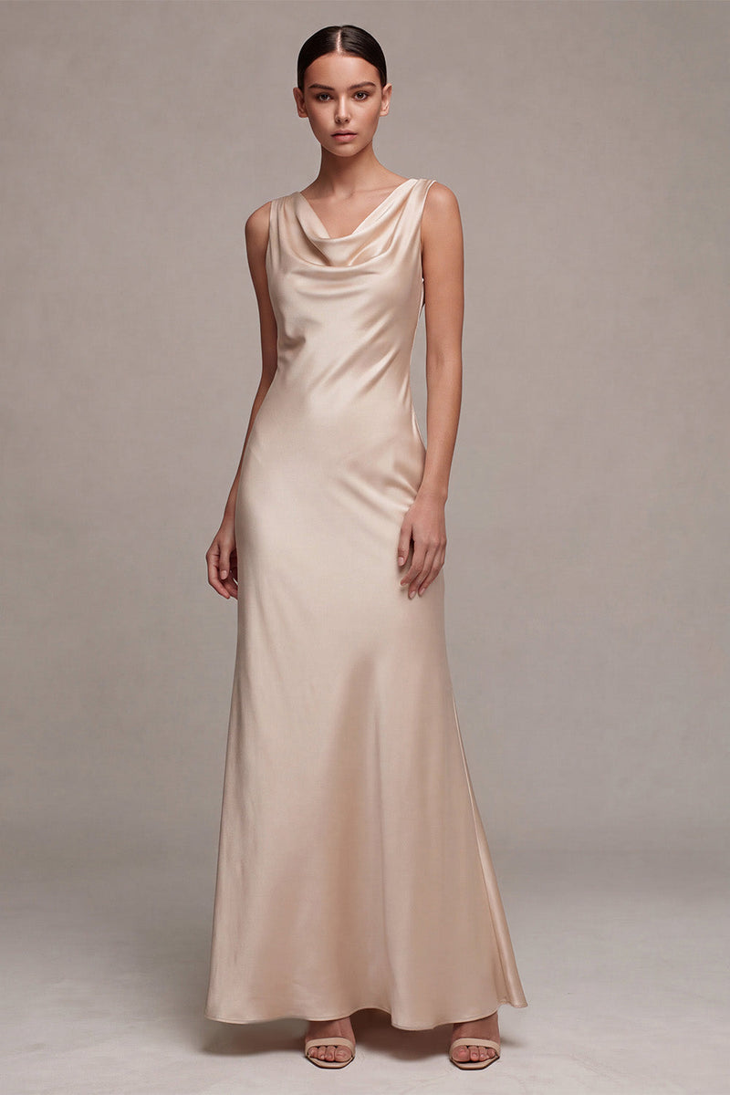 Load image into Gallery viewer, Simple Champagne Satin Cowl Neck Mermaid Long Wedding Guest Dress