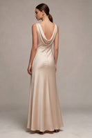 Load image into Gallery viewer, Simple Champagne Satin Cowl Neck Mermaid Long Wedding Guest Dress