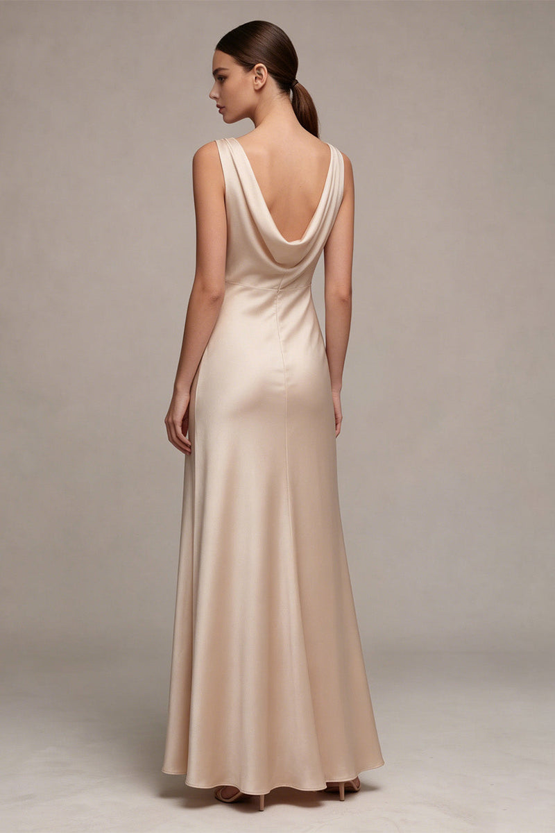 Load image into Gallery viewer, Simple Champagne Satin Cowl Neck Mermaid Long Wedding Guest Dress