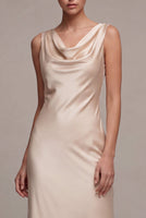 Load image into Gallery viewer, Simple Champagne Satin Cowl Neck Mermaid Long Wedding Guest Dress