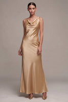 Load image into Gallery viewer, Simple Champagne Satin Cowl Neck Mermaid Long Wedding Guest Dress