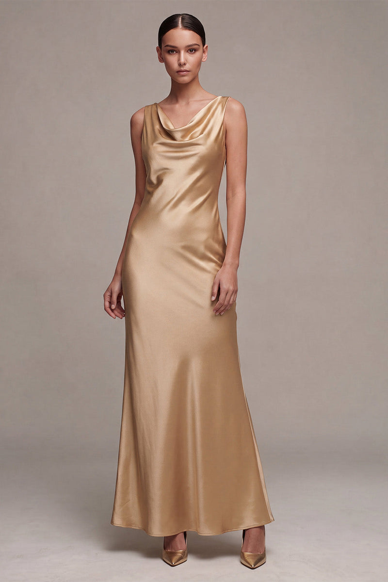 Load image into Gallery viewer, Simple Champagne Satin Cowl Neck Mermaid Long Wedding Guest Dress