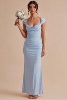 Load image into Gallery viewer, Sky Blue Ruched Mermaid Long Wedding Guest Dress with Sleeves