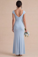 Load image into Gallery viewer, Sky Blue Ruched Mermaid Long Wedding Guest Dress with Sleeves