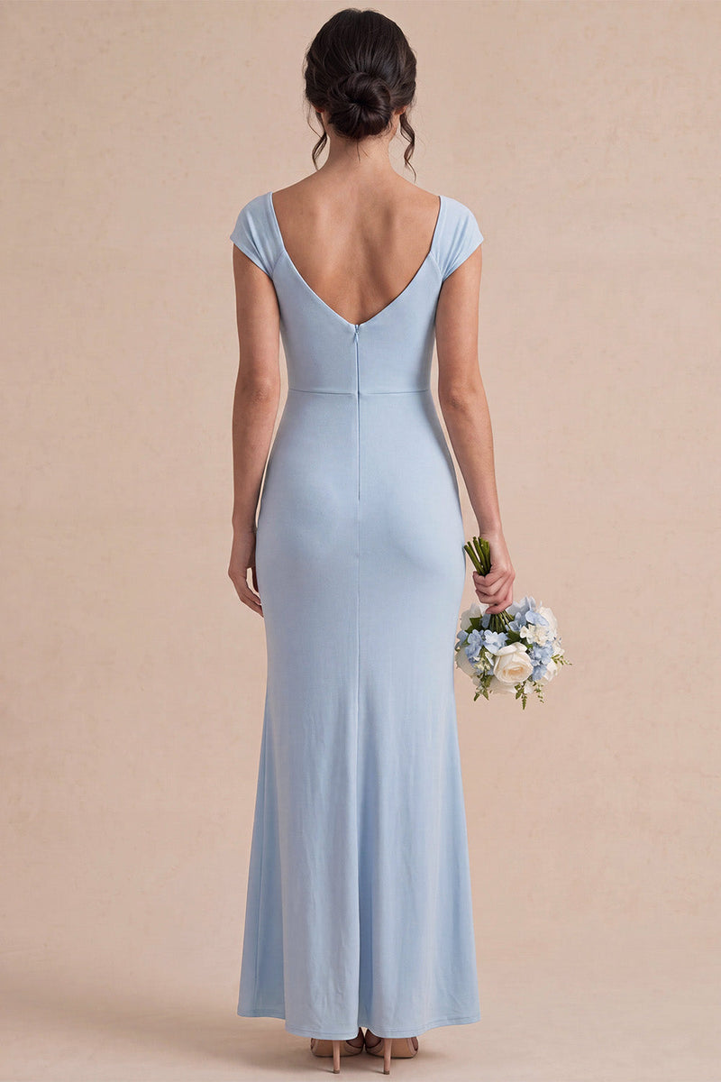 Load image into Gallery viewer, Sky Blue Ruched Mermaid Long Wedding Guest Dress with Sleeves