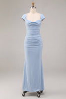 Load image into Gallery viewer, Sky Blue Ruched Mermaid Long Wedding Guest Dress with Sleeves