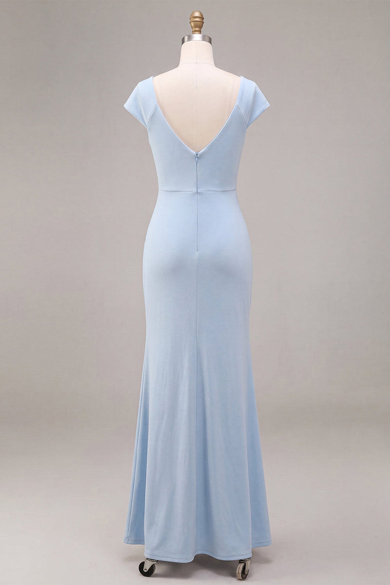 Load image into Gallery viewer, Sky Blue Ruched Mermaid Long Wedding Guest Dress with Sleeves