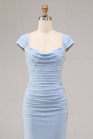 Load image into Gallery viewer, Sky Blue Ruched Mermaid Long Wedding Guest Dress with Sleeves