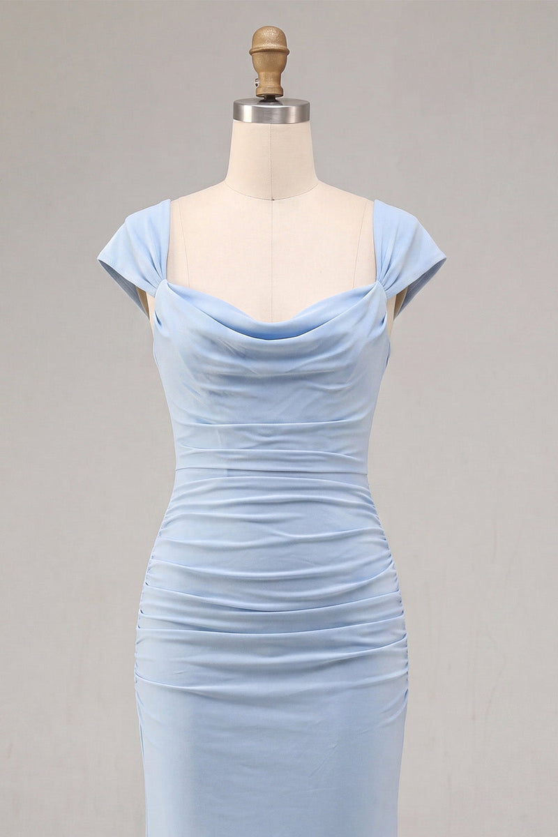 Load image into Gallery viewer, Sky Blue Ruched Mermaid Long Wedding Guest Dress with Sleeves