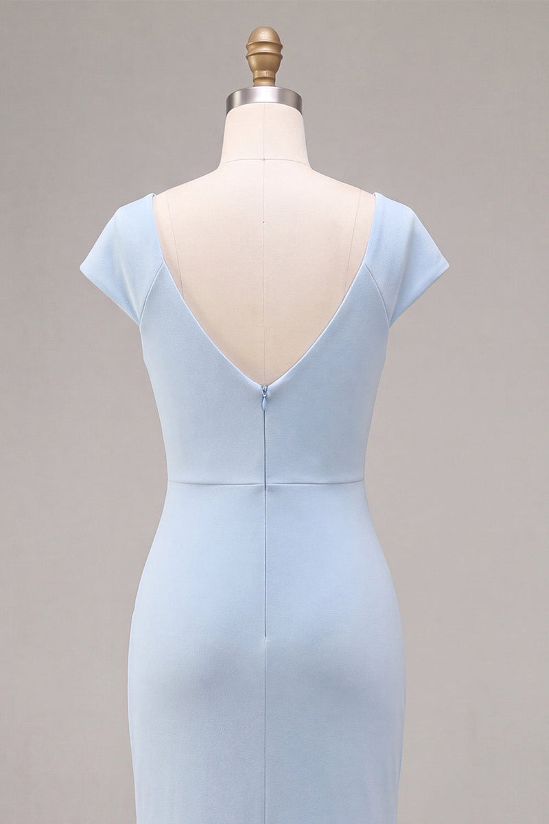 Load image into Gallery viewer, Sky Blue Ruched Mermaid Long Wedding Guest Dress with Sleeves