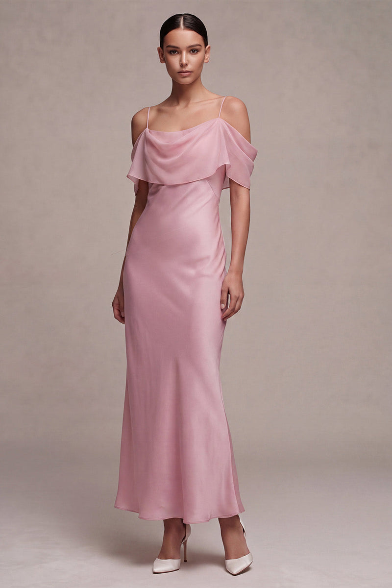 Load image into Gallery viewer, Dark Pink Chiffon Cold Shoulder Mermaid Long Wedding Guest Dress