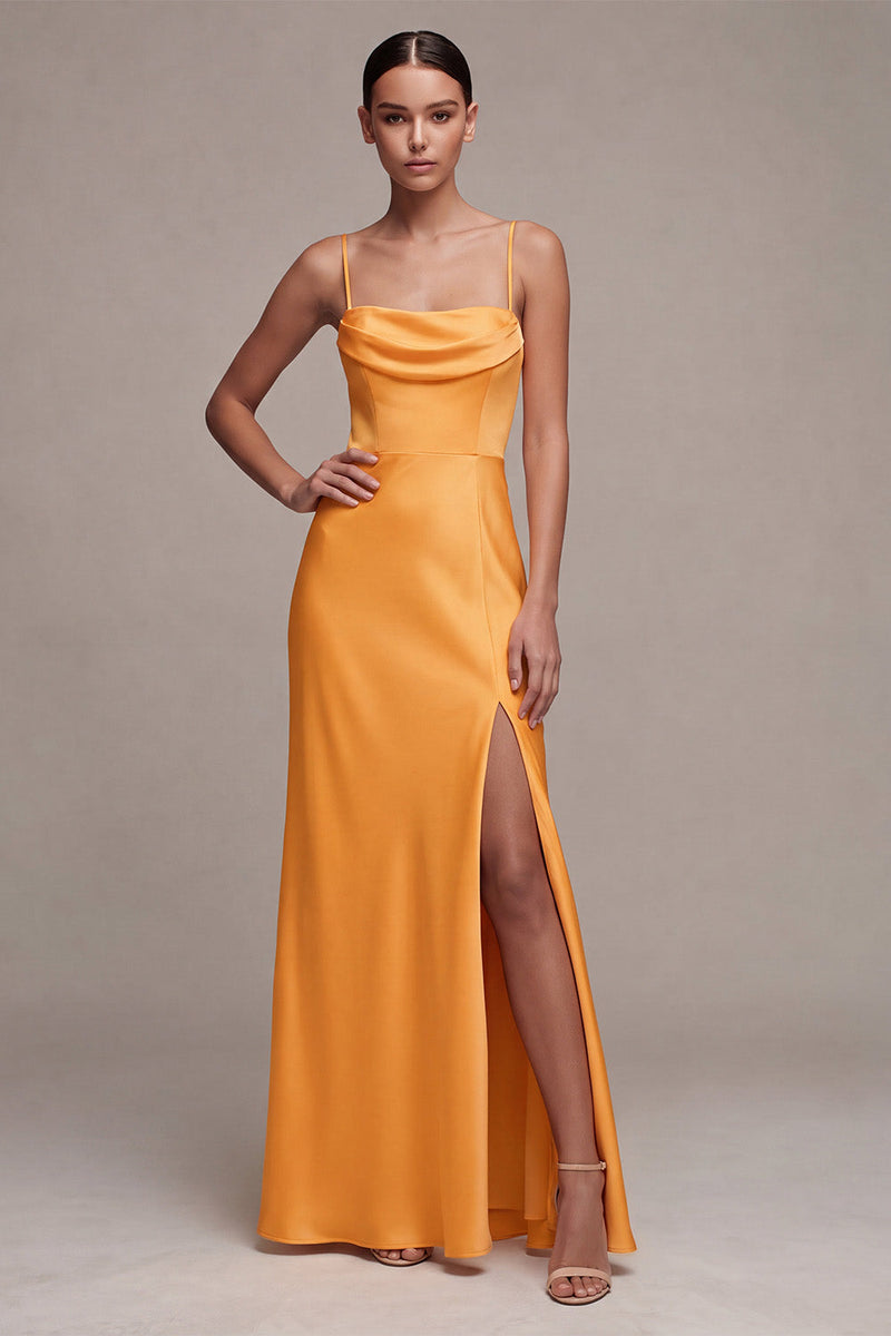 Load image into Gallery viewer, Light Yellow Satin Sheath Long Wedding Guest Dress with Slit