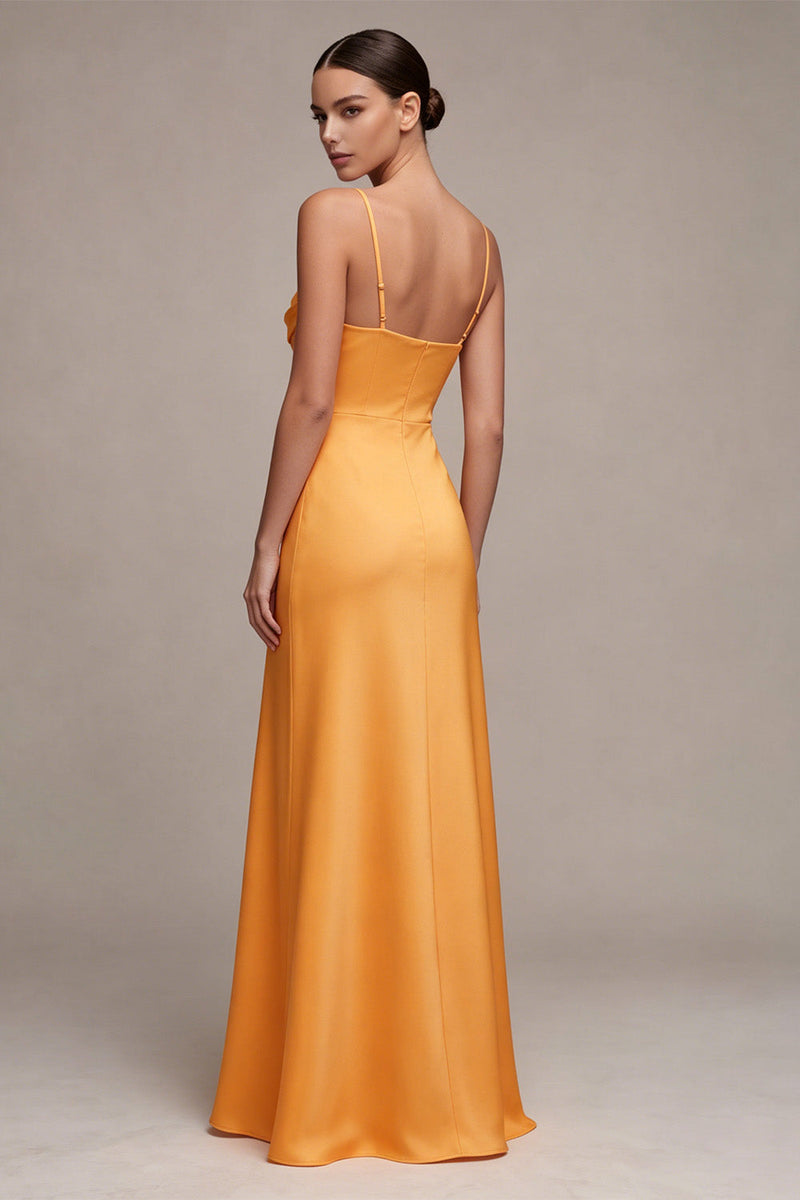Load image into Gallery viewer, Light Yellow Satin Sheath Long Wedding Guest Dress with Slit