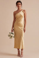 Load image into Gallery viewer, Gold Satin One Shoulder Mermaid Maxi Wedding Guest Dress
