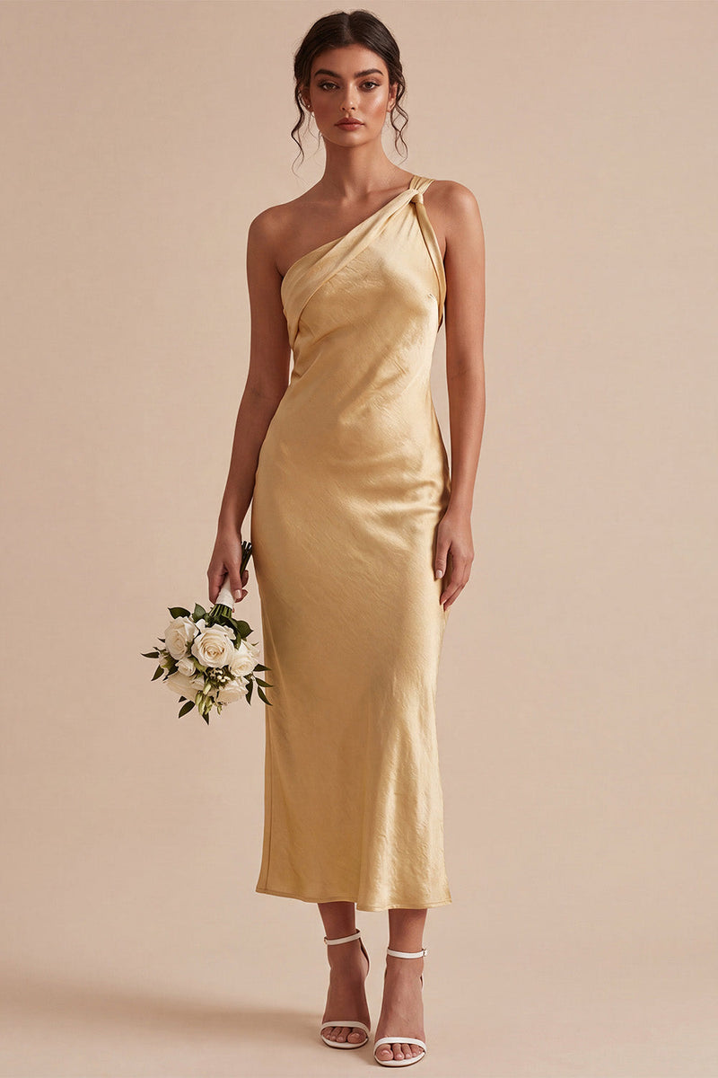 Load image into Gallery viewer, Gold Satin One Shoulder Mermaid Maxi Wedding Guest Dress