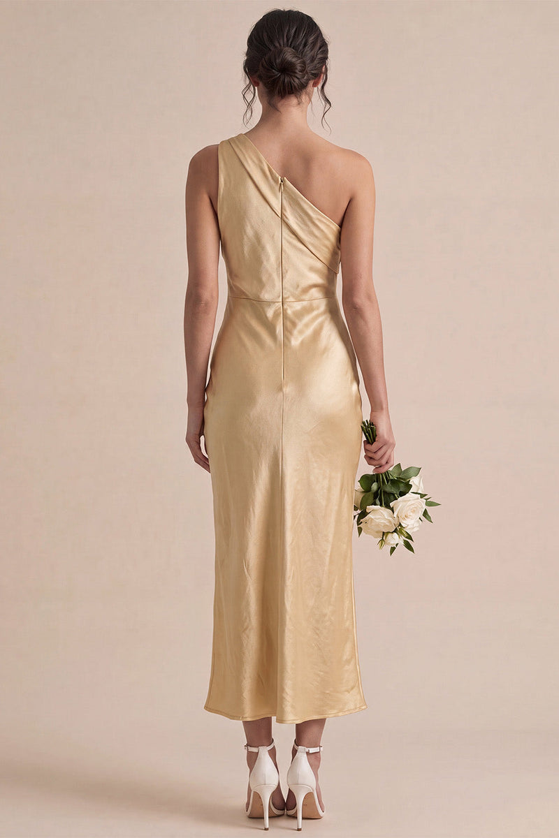 Load image into Gallery viewer, Gold Satin One Shoulder Mermaid Maxi Wedding Guest Dress