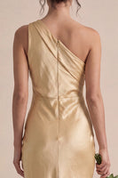Load image into Gallery viewer, Gold Satin One Shoulder Mermaid Maxi Wedding Guest Dress