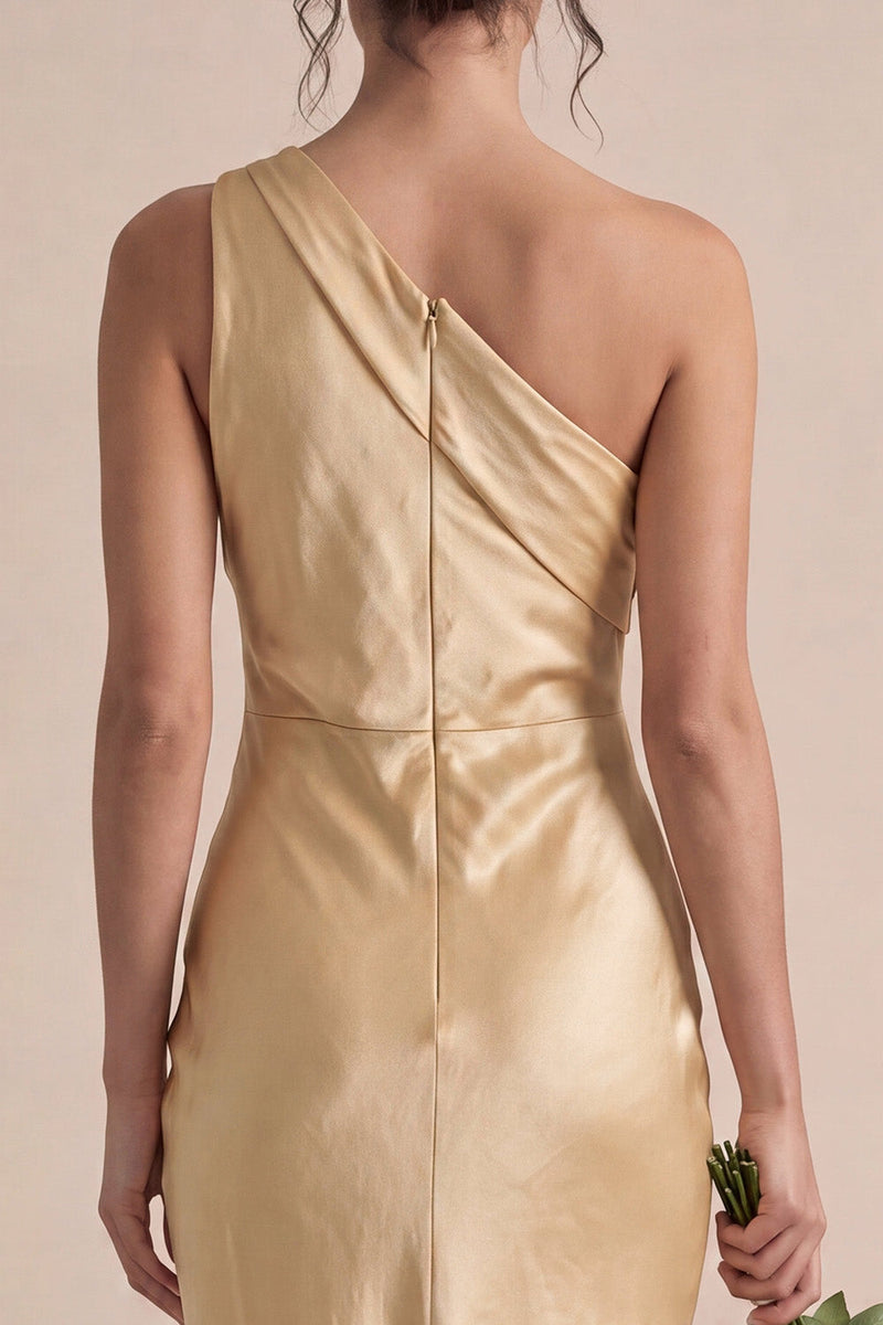 Load image into Gallery viewer, Gold Satin One Shoulder Mermaid Maxi Wedding Guest Dress