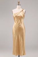 Load image into Gallery viewer, Gold Satin One Shoulder Mermaid Maxi Wedding Guest Dress