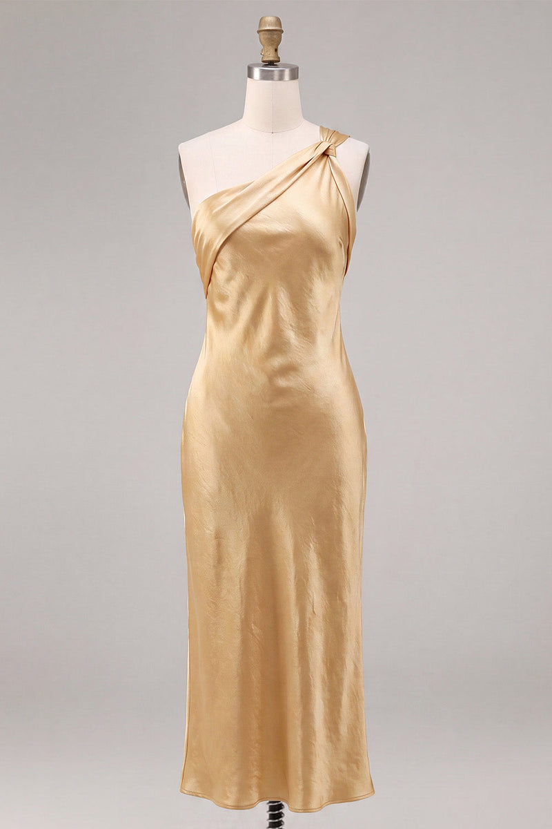 Load image into Gallery viewer, Gold Satin One Shoulder Mermaid Maxi Wedding Guest Dress