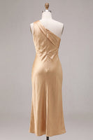Load image into Gallery viewer, Gold Satin One Shoulder Mermaid Maxi Wedding Guest Dress