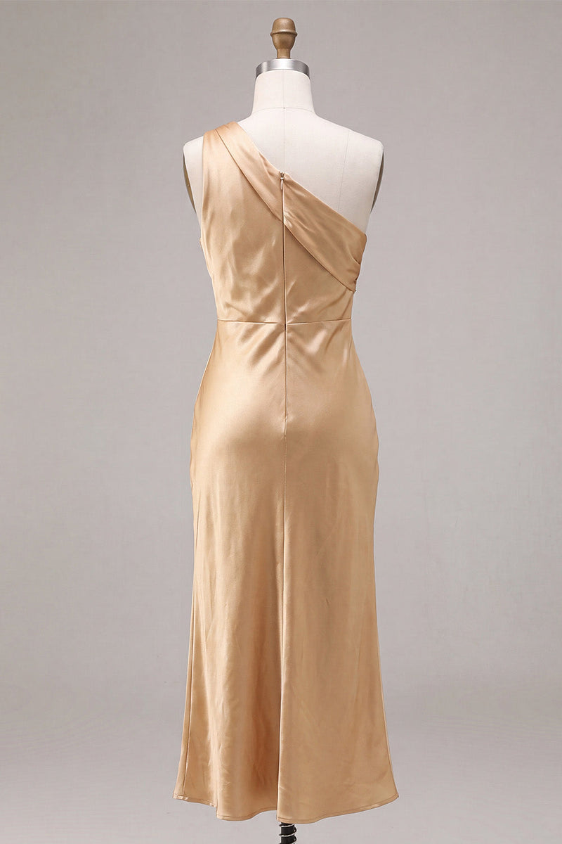 Load image into Gallery viewer, Gold Satin One Shoulder Mermaid Maxi Wedding Guest Dress