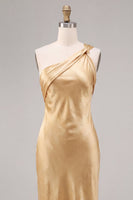 Load image into Gallery viewer, Gold Satin One Shoulder Mermaid Maxi Wedding Guest Dress