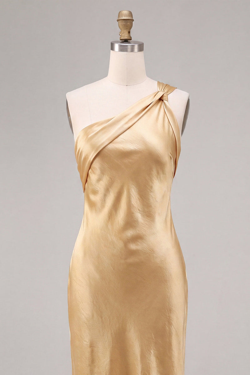 Load image into Gallery viewer, Gold Satin One Shoulder Mermaid Maxi Wedding Guest Dress