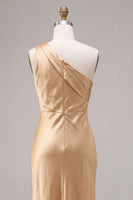 Load image into Gallery viewer, Gold Satin One Shoulder Mermaid Maxi Wedding Guest Dress