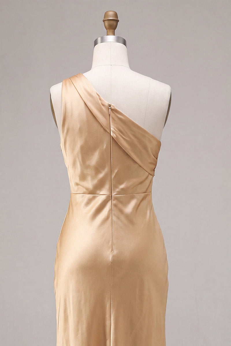Load image into Gallery viewer, Gold Satin One Shoulder Mermaid Maxi Wedding Guest Dress
