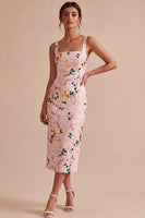 Load image into Gallery viewer, Floral Pink Square Neck Pencil Midi Wedding Guest Dress