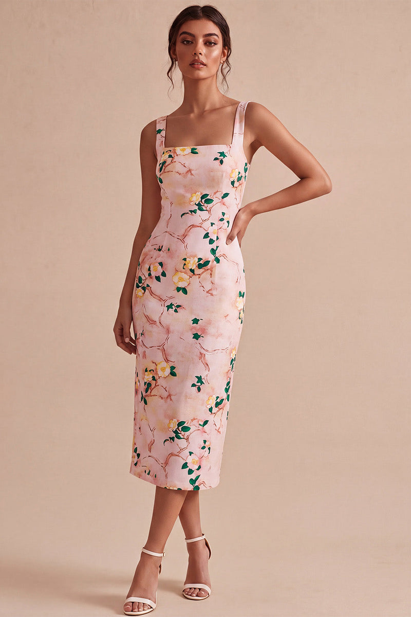 Load image into Gallery viewer, Floral Pink Square Neck Pencil Midi Wedding Guest Dress