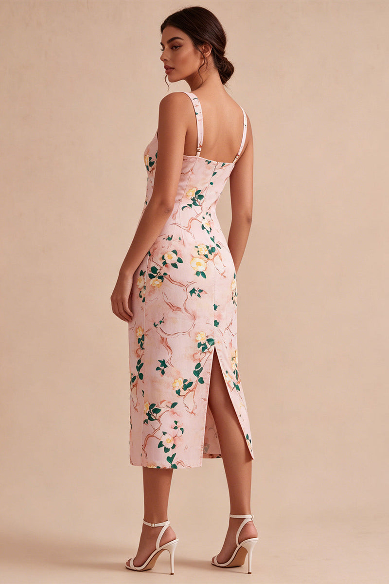 Load image into Gallery viewer, Floral Pink Square Neck Pencil Midi Wedding Guest Dress