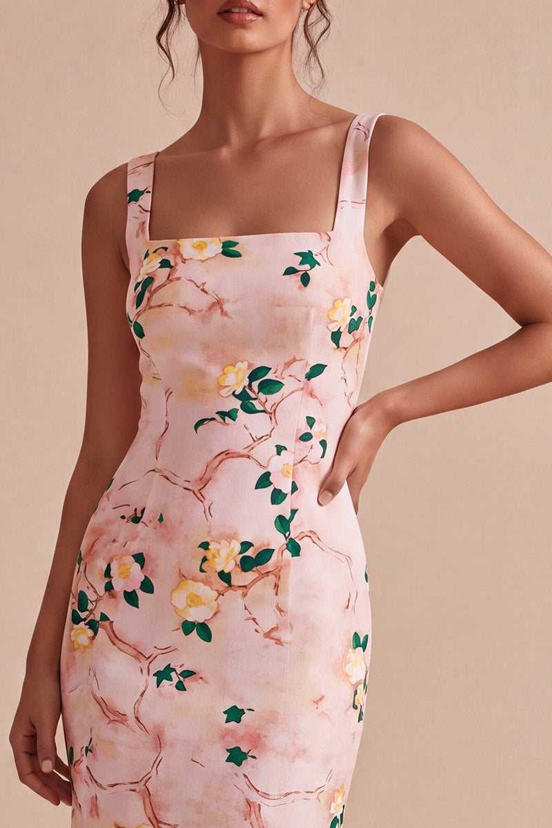 Load image into Gallery viewer, Floral Pink Square Neck Pencil Midi Wedding Guest Dress