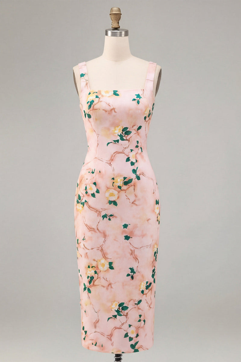 Load image into Gallery viewer, Floral Pink Square Neck Pencil Midi Wedding Guest Dress