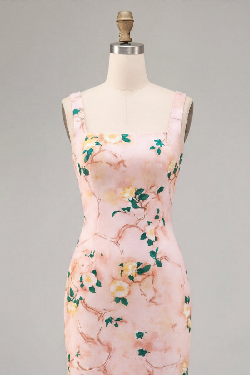Load image into Gallery viewer, Floral Pink Square Neck Pencil Midi Wedding Guest Dress