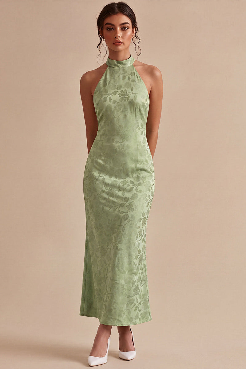 Load image into Gallery viewer, Floral Light Green High Neck Mermaid Long Wedding Guest Dress