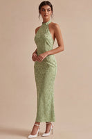 Load image into Gallery viewer, Floral Light Green High Neck Mermaid Long Wedding Guest Dress