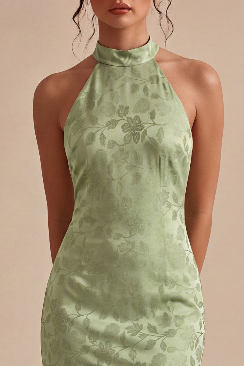 Load image into Gallery viewer, Floral Light Green High Neck Mermaid Long Wedding Guest Dress
