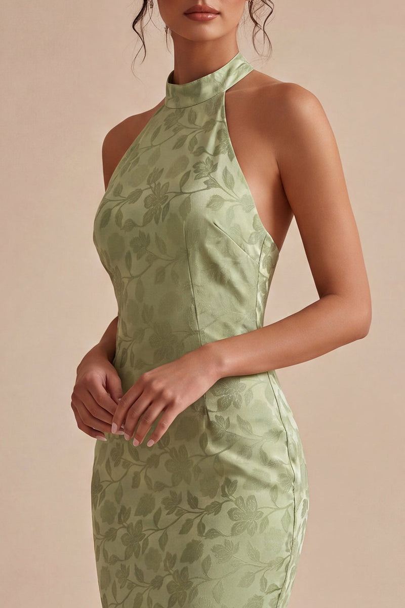 Load image into Gallery viewer, Floral Light Green High Neck Mermaid Long Wedding Guest Dress