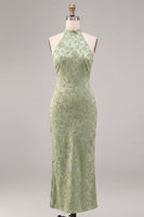 Load image into Gallery viewer, Floral Light Green High Neck Mermaid Long Wedding Guest Dress