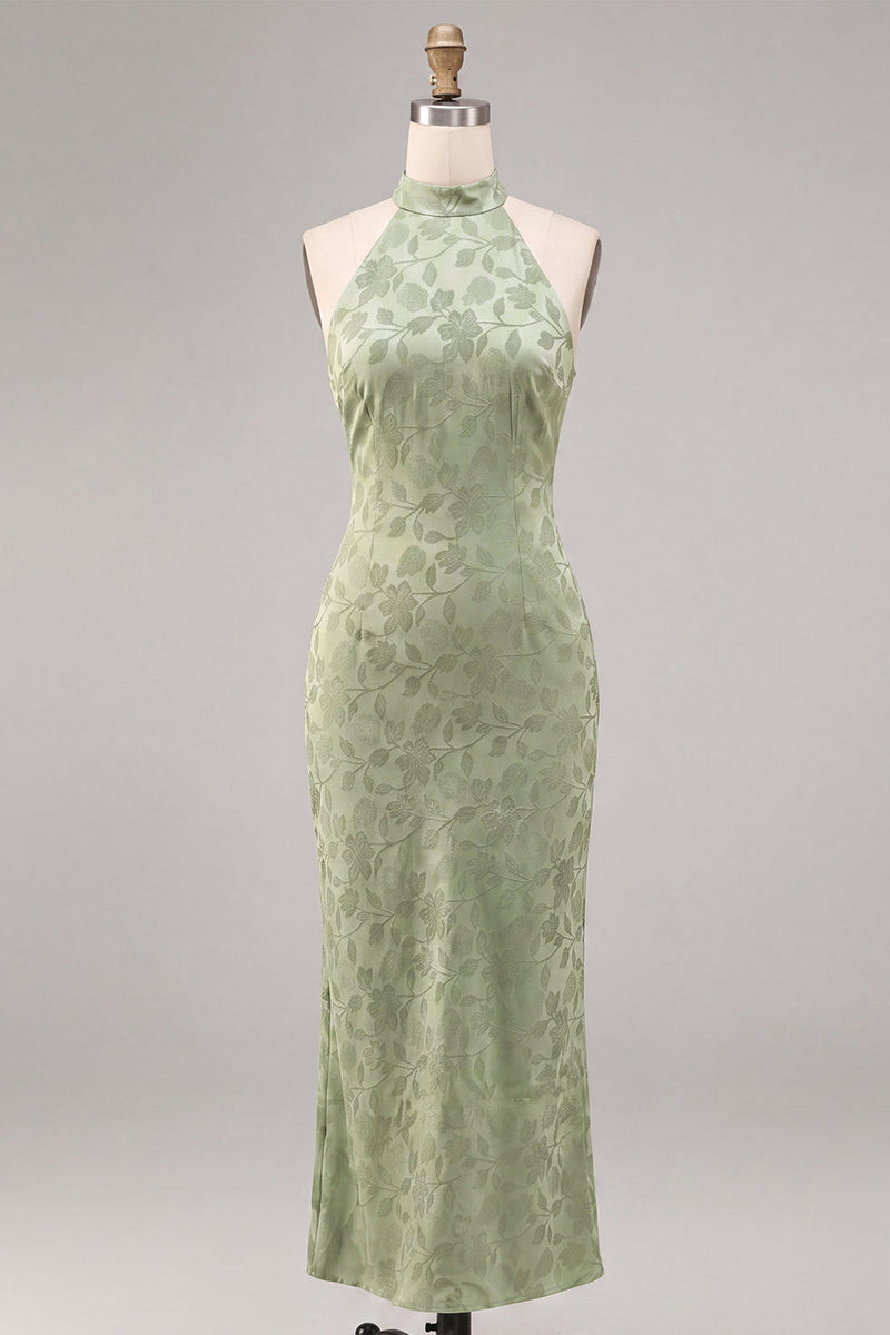 Load image into Gallery viewer, Floral Light Green High Neck Mermaid Long Wedding Guest Dress