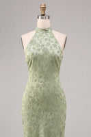 Load image into Gallery viewer, Floral Light Green High Neck Mermaid Long Wedding Guest Dress