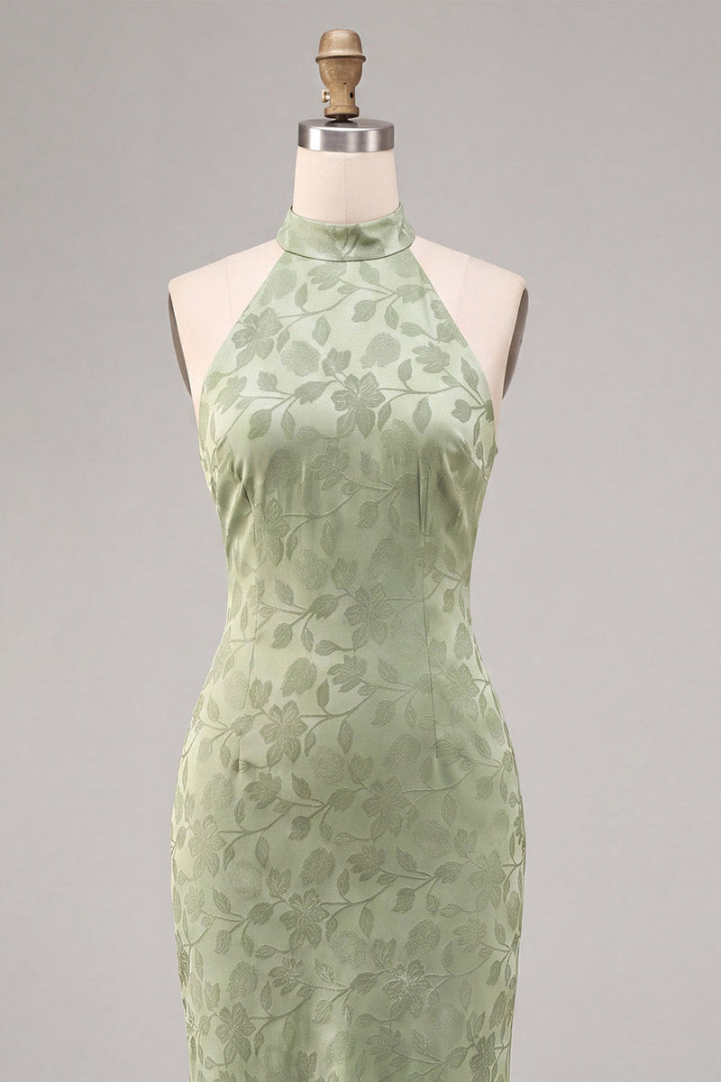 Load image into Gallery viewer, Floral Light Green High Neck Mermaid Long Wedding Guest Dress