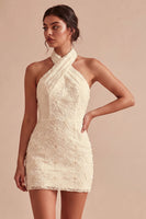 Load image into Gallery viewer, White Halter Neck Floral Tight Short Graduation Dress