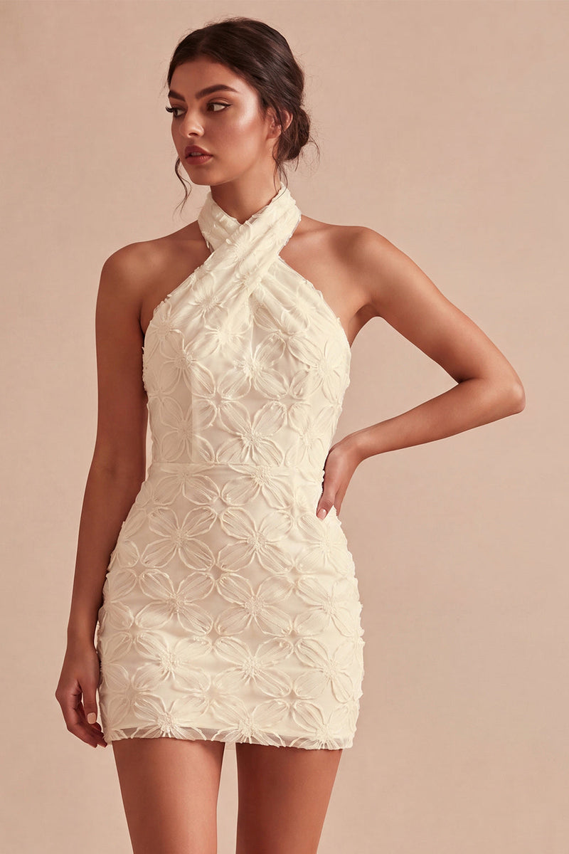 Load image into Gallery viewer, White Halter Neck Floral Tight Short Graduation Dress
