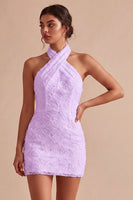 Load image into Gallery viewer, White Halter Neck Floral Tight Short Graduation Dress